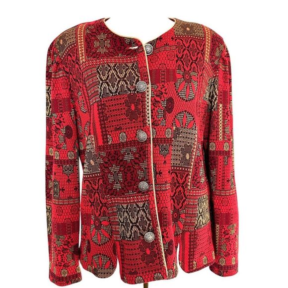 Vintage Tapestry Blazer Jacket Red Gold Statement Button Size 12 Made in USA - Picture 1 of 6